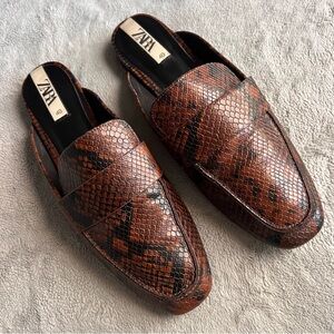 Zara Snake Reptile Print Slip-On Loafer Mule Flats Brown